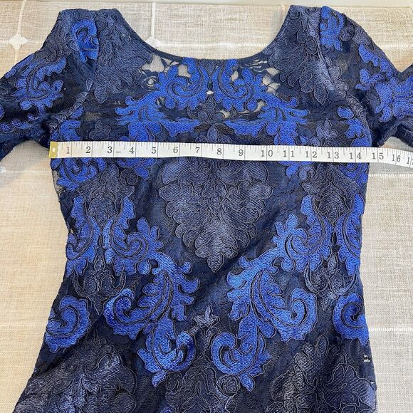 Aidan Mattox Formal Dress Gown Blue Black Damask Lace Women’s 2 - Picture 6 of 12